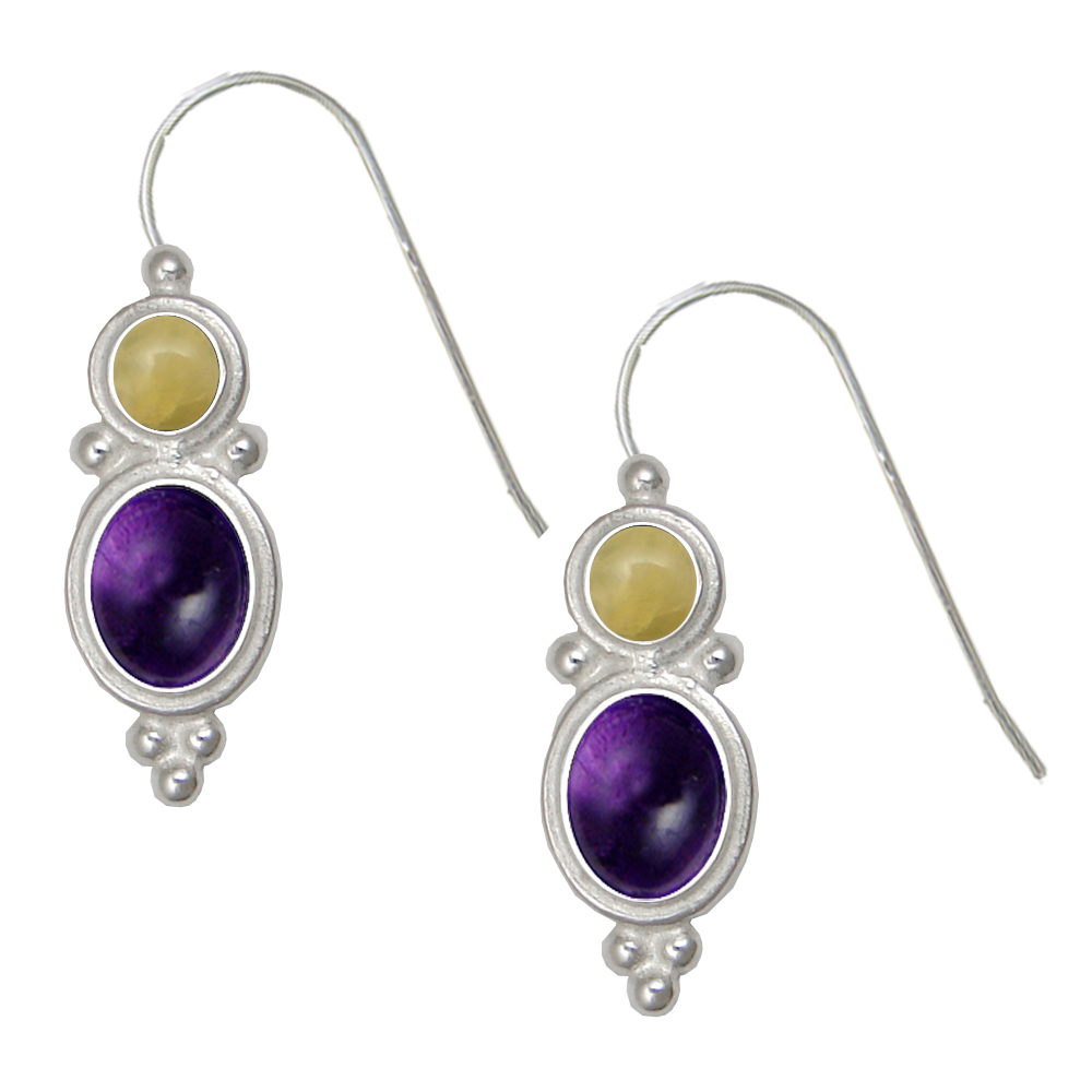 Sterling Silver Drop Dangle Earrings Amethyst And Yellow Aragonite